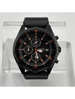 Casio AMW-370B-1A Black Ion Plated Chronograph Watch 45mm Burnt Orange Accents